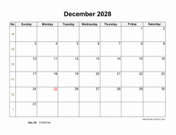 December 2028 Blank Calendar (horizontal)