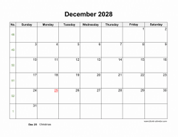 December 2028 Blank Calendar with US Holidays (horizontal)