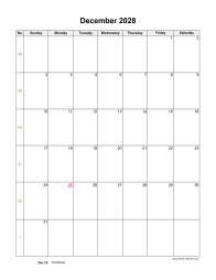 December 2028 Blank Calendar (US Holidays, vertical)
