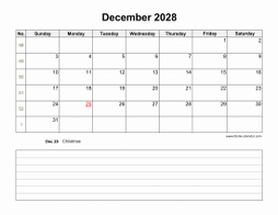 December 2028 Blank Calendar (horizontal, space for notes)