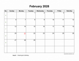 February 2028 blank calendar (horizontal)
