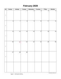 February 2028 Blank Calendar (US Holidays, vertical)