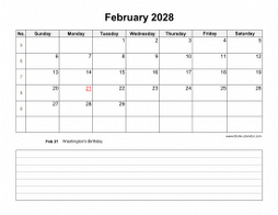 February 2028 Blank Calendar (Space for Notes, horizontal)