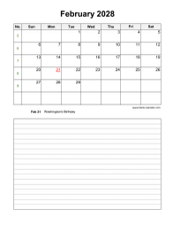 February 2028 Blank Calendar (Space for Notes, Vertical)