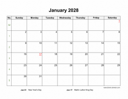 January 2028 Blank Calendar with US Holidays (horizontal)