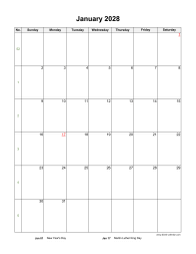 January 2028 Blank Calendar (US Holidays, vertical)