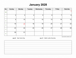 January 2028 Blank Calendar (horizontal, space for notes)