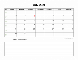 July 2028 Blank Calendar (Space for Notes, horizontal)