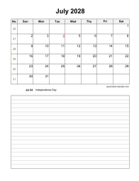 July 2028 Blank Calendar (Space for Notes, Vertical)