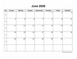 Blank Calendar for June 2028 (US Holidays, horizontal)