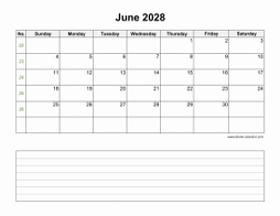 June 2028 Blank Calendar (Space for Notes, horizontal)