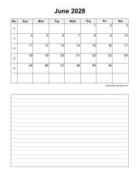 June 2028 Blank Calendar (Space for Notes, Vertical)