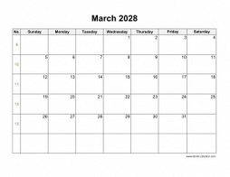 March 2028 blank calendar (horizontal)