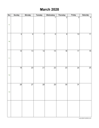 March 2028 Blank Calendar (vertical)
