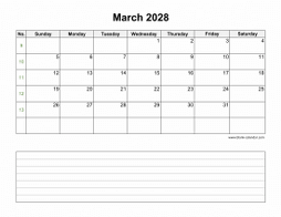 March 2028 Blank Calendar (Space for Notes, horizontal)