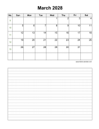 March 2028 Blank Calendar (Space for Notes, Vertical)