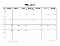 Blank Calendar for May 2028 (US Holidays, horizontal)
