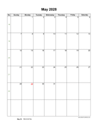 May 2028 Blank Calendar (US Holidays, vertical)