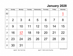 Monthly 2028 calendar with large font design, landscape orientation (horizontal)