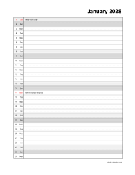 Monthly 2028 calendar, days vertically, space for appointment