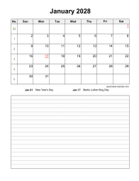Blank Calendar 2028 (Space for Notes, 12 pages, vertical)