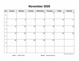 November 2028 Blank Calendar with US Holidays (horizontal)