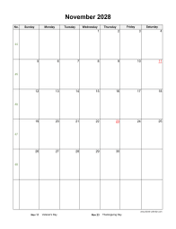 November 2028 Blank Calendar (US Holidays, vertical)