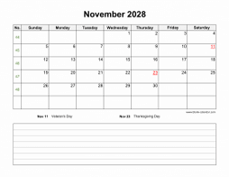 November 2028 Blank Calendar (horizontal, space for notes)