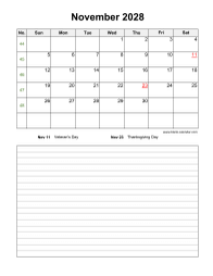 November 2028 Blank Calendar (vertical, space for notes)