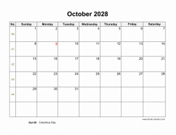 October 2028 blank calendar (horizontal)