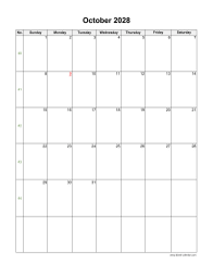October 2028 Blank Calendar (vertical)