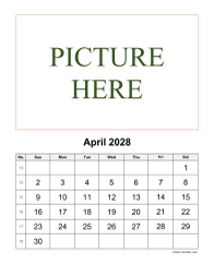 April 2028 printable calendar, pictures can be placed at the top