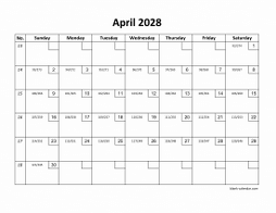 April 2028 printable calendar with check boxes