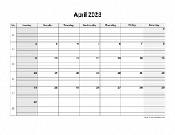 April 2028 printable calendar, large box grid, space for notes