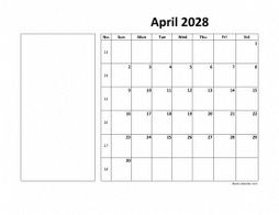 April 2028 printable calendar, large box, space for notes