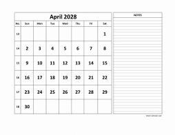 April 2028 printable calendar, large space for appointment and notes