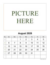 August 2028 printable calendar, pictures can be placed at the top
