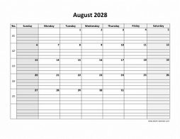 August 2028 printable calendar, large box grid, space for notes