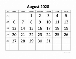 August 2028 printable calendar, large font design