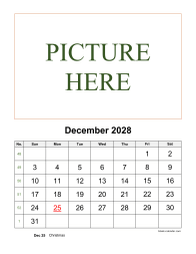 December 2028 printable calendar, pictures can be placed at the top