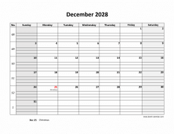 December 2028 printable calendar, large box grid, space for notes