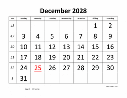 December 2028 printable calendar, large font design