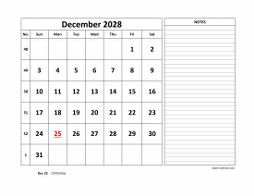 December 2028 printable calendar, large space for appointment and notes