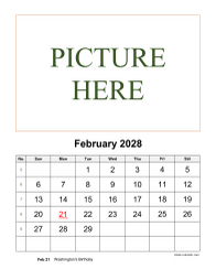 February 2028 printable calendar, pictures can be placed at the top