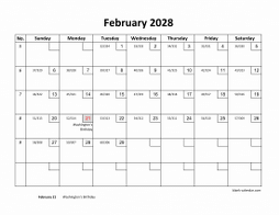 February 2028 printable calendar with check boxes