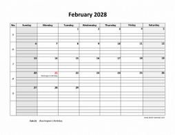 February 2028 printable calendar, large box grid, space for notes