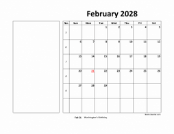 February 2028 printable calendar, large box, space for notes