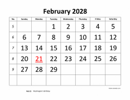 February 2028 printable calendar, large font design