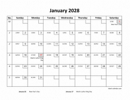 January 2028 printable calendar with check boxes