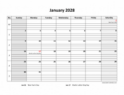 January 2028 printable calendar, large box grid, space for notes